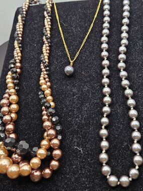 Vintage Multi-Strand Faux Pearl & Faceted Crystal Statement Necklace 3 Piece Set